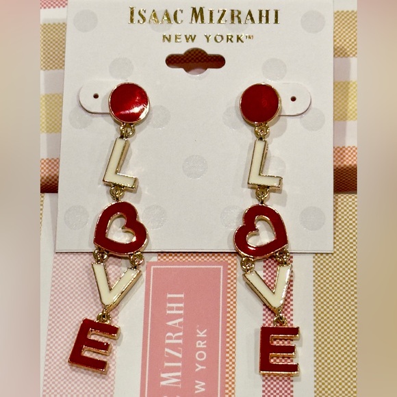 ISAAC MIZRAHI Gold Tone Red and White Love Post  Earrings - Picture 3 of 4